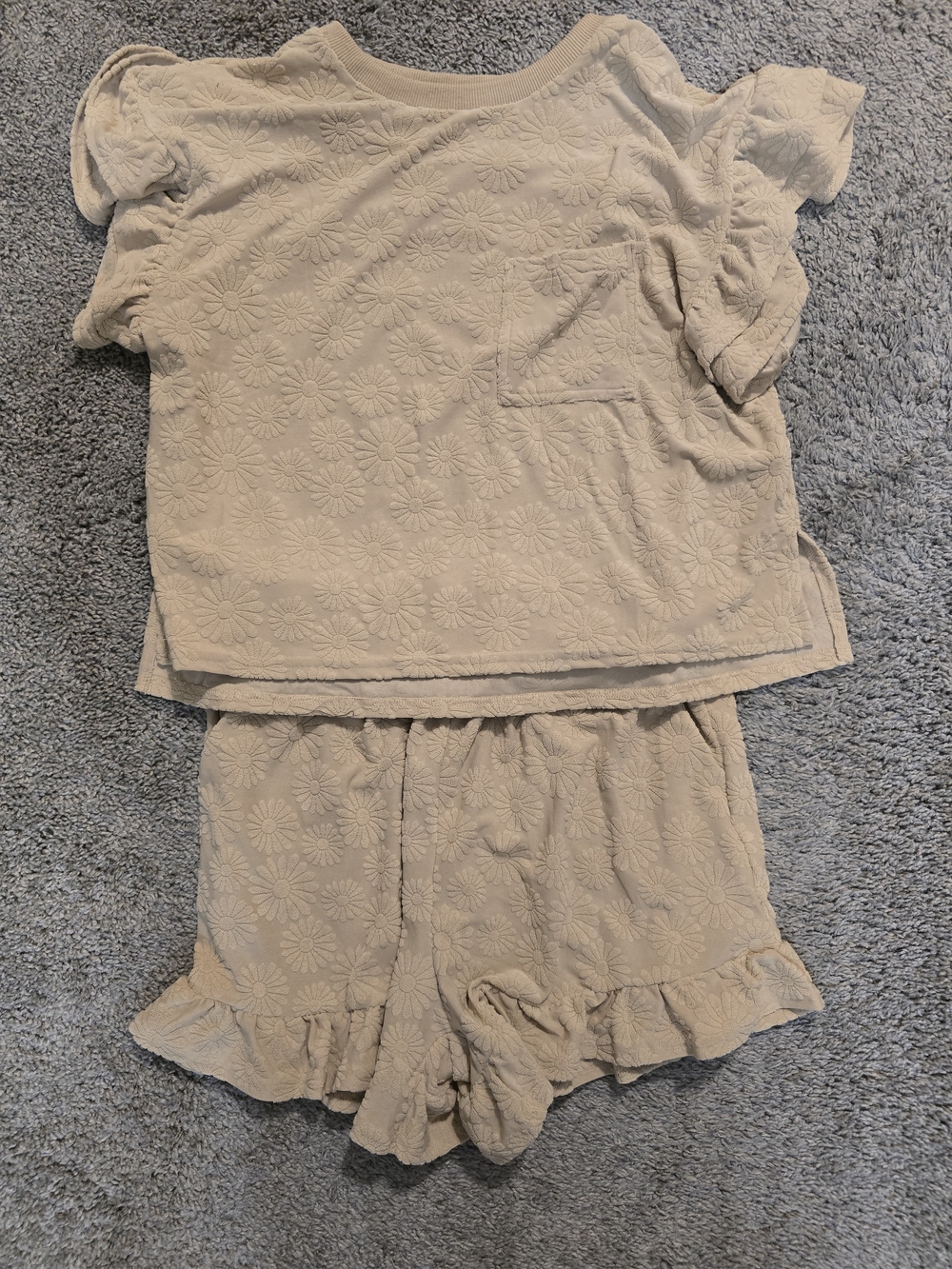 Very J Cream Floral-Textured Short Sleeve Top & Ruffle Shorts Set